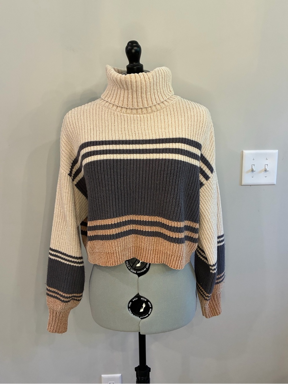 My Michelle Striped Cropped Turtleneck Sweater - Cream, Gray & Tan 0371